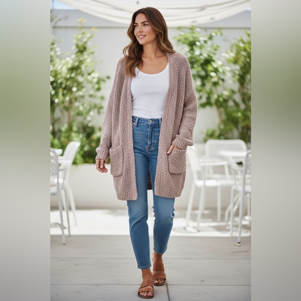 Wanna B Popcorn Knit Open Front Longline Cardigan Small